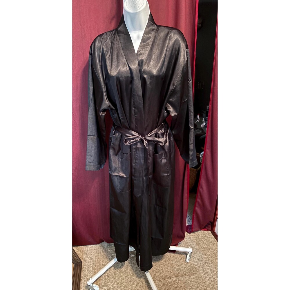 Bloomingdale’s Black Satin Robe with Embroidered Floral Back